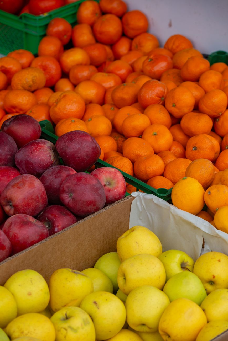 assorted fresh fruits display at market